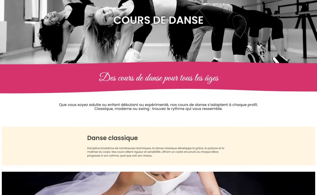 Site fictif Harmonie Swing conçu pour un exercice de webdesign.